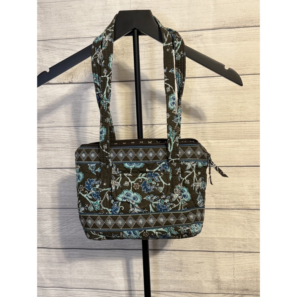 Tanya Lee Quilted Floral Shoulder Tote Bag Brown Blue Green Zip Top